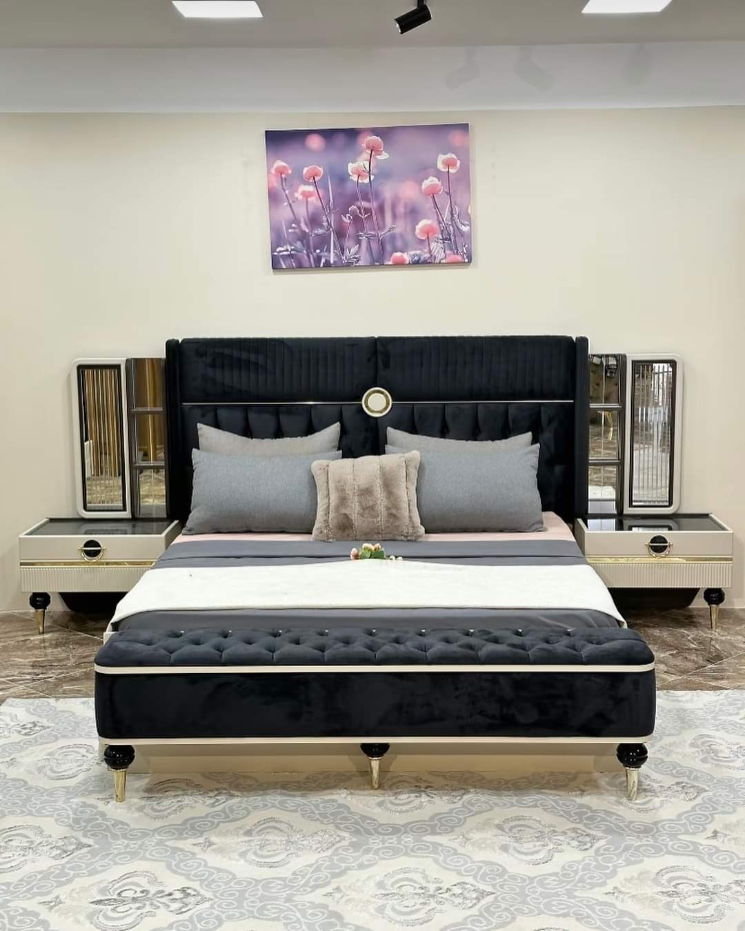 Black Bed with Side tables
